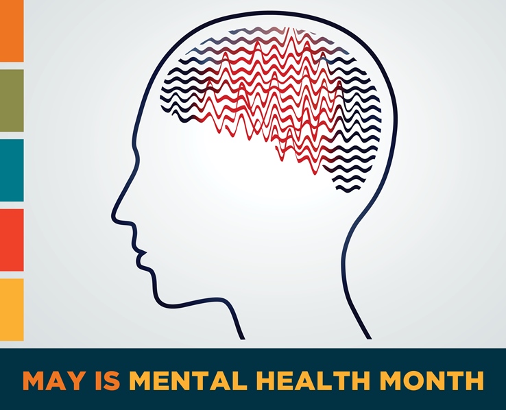 graphic of a brain looking uneasy with red lines, caption says "may is mental health month"