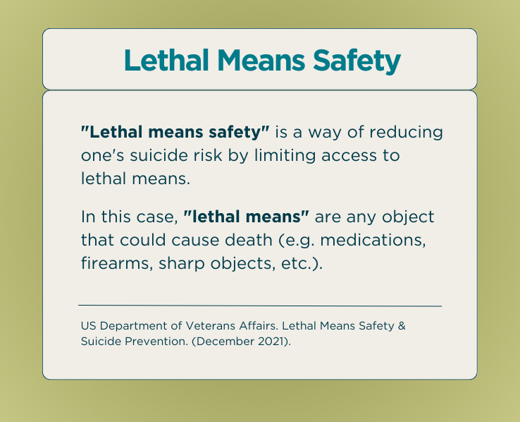 Lethal Means Safety - "Lethal means safety" is a way of reducing one's suicide risk by limiting access to lethal means. - In this case, "lethal means" are any object that could cause death (e.g. medications, firearms, sharp objects, etc.). - Sources: o US Department of Veterans Affairs. Lethal Means Safety & Suicide Prevention. (December 2021).