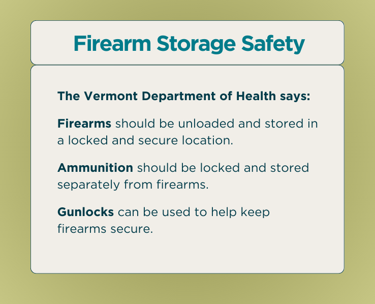 Firearm Storage Safety - The Vermont Department of Health says: - Firearms should be unloaded and stored in a locked and secure location. - Ammunition should be locked and stored separately from firearms. - Gunlocks can be used to help keep firearms secure.