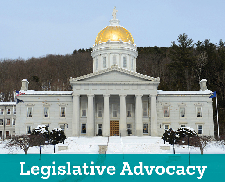 vermont statehouse in the winter with text reading "legislative advocacy"