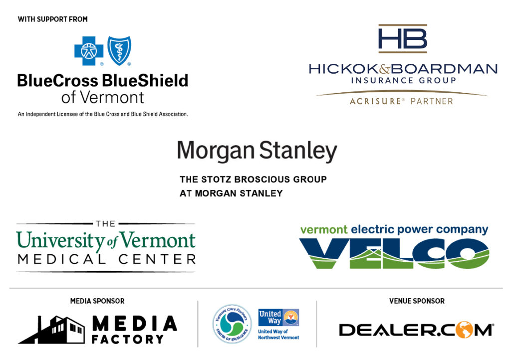 Logos of companies sponsoring the 2024 Spring Community Education Series for Howard Center. Logos include UVMMC, BlueCross BlueShield VT. VELCO, Dealer.com, Media Factory, HB, and Untied Way