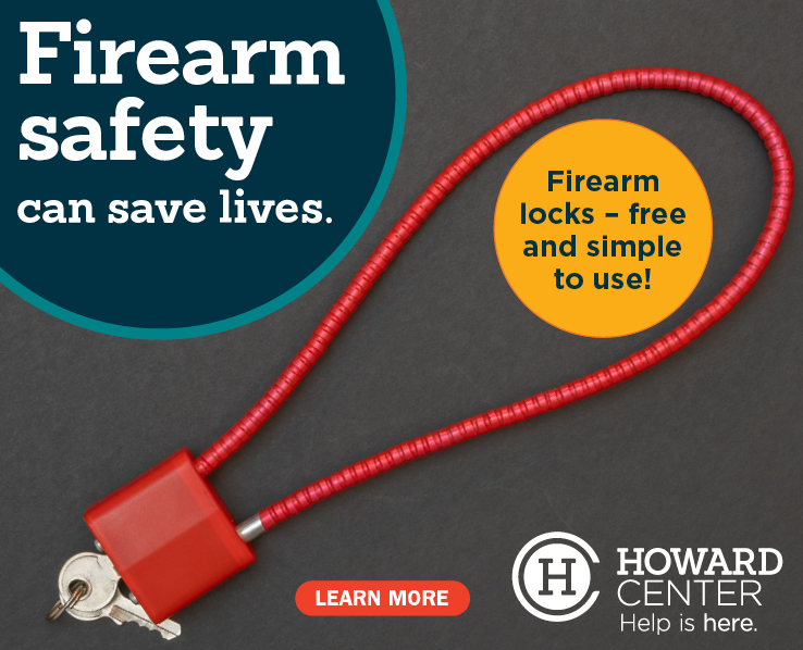 graphic with an image of a firearm cable lock in red, and the graphic says "firearm safety can save lives" and "firearm locks - free and simple to use"