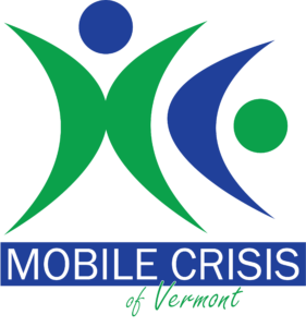 Logo for Mobile Crisis of Vermont. Image contains program name and an abstract logo resembling people with their hands up, while looking like the letters M and C for the program name.