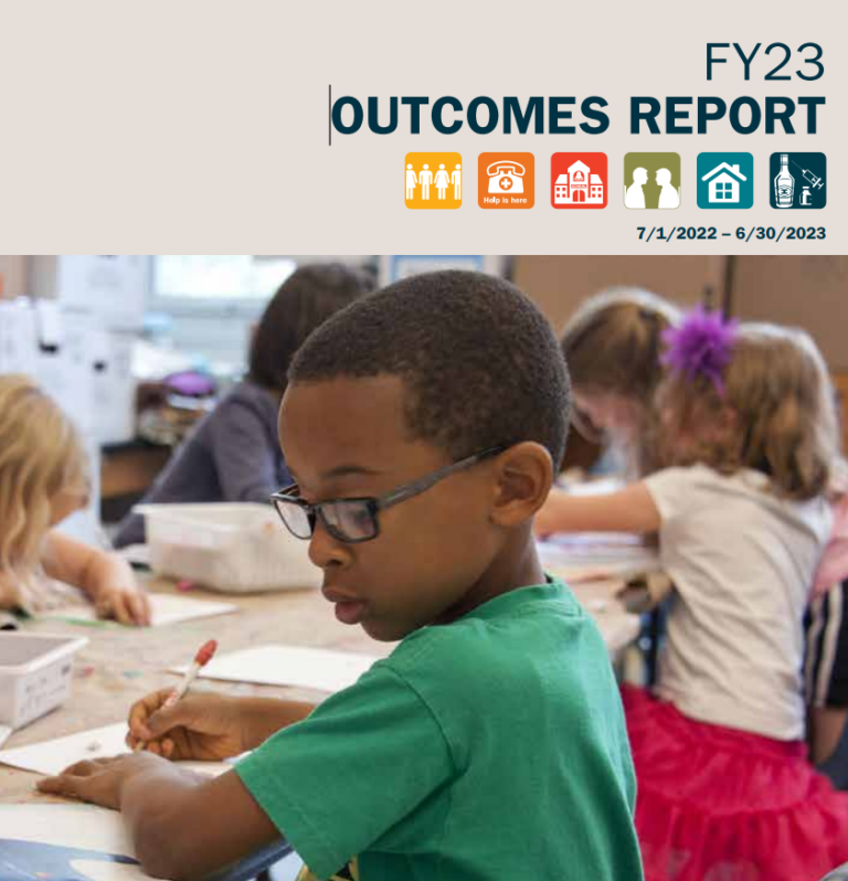 Children in a classroom engaged in a craft or art project. A child in the foreground wears a green shirt, with their face obscured for privacy. The background shows other children participating in the activity. The image includes text reading ‘FY23 OUTCOMES REPORT’ and dates ‘7/1/2022 – 6/30/2023