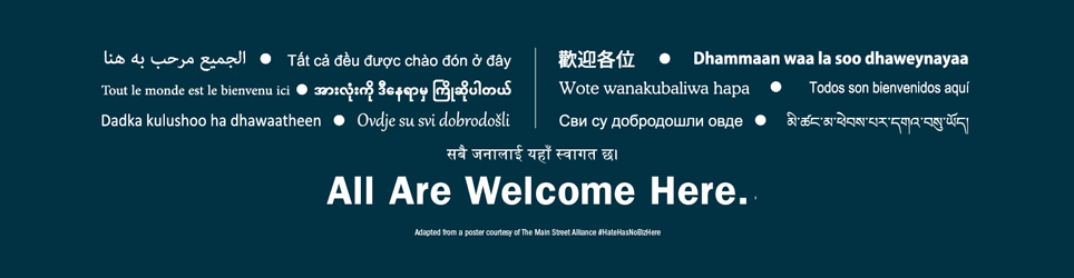 Graphic reading "all are welcome here" in many different languages.