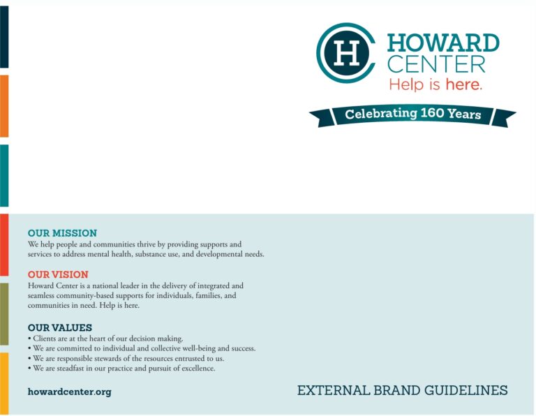 Cover Page: "Howard Center External Brand Guidelines cover page with the Howard Center logo and the text 'Celebrating 160 Years'."