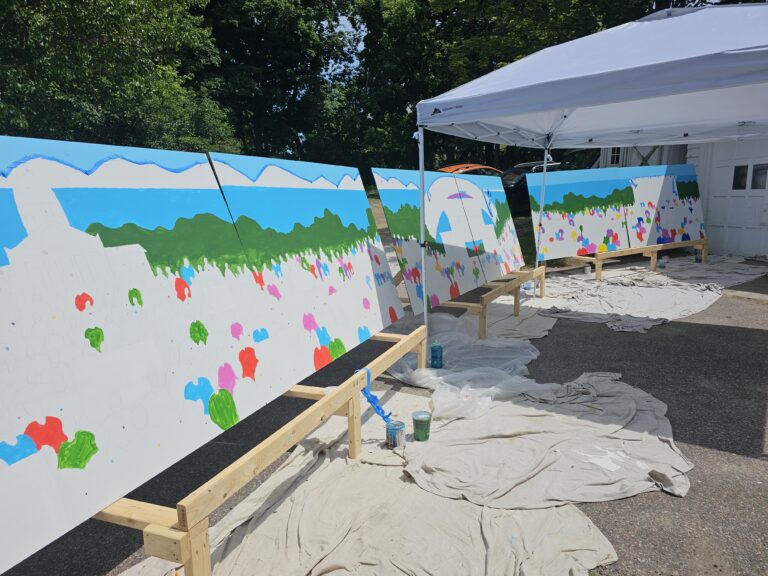 Photo of the preparation of the mural, including equipment and other artistic items